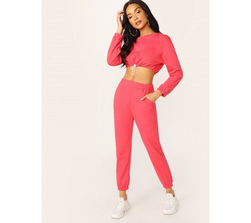 Drawstring Cropped Sweatshirt And Sweatpants Set