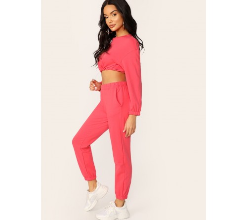 Drawstring Cropped Sweatshirt And Sweatpants Set