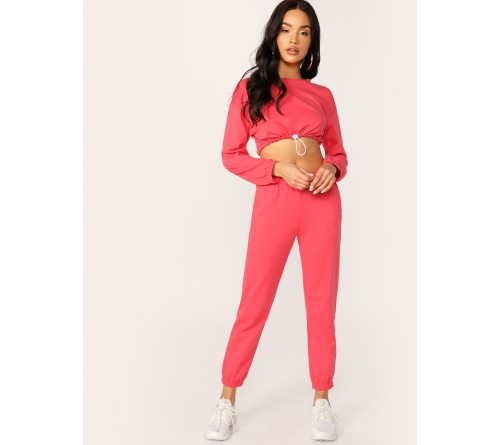 Drawstring Cropped Sweatshirt And Sweatpants Set