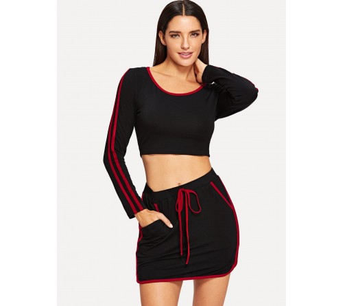 Contrast Binding Crop Hoodie Skirt Set