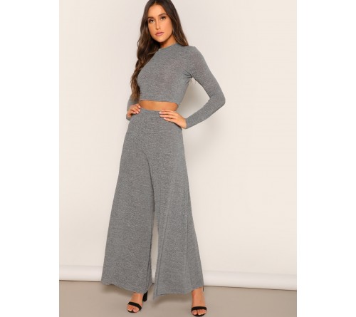 Slim Fitted Crop Tee Wide Leg Pants Set