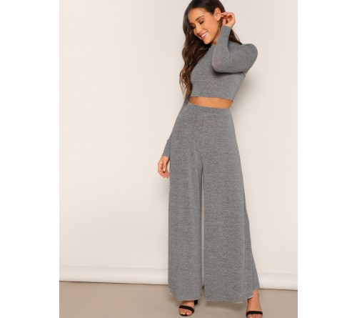 Slim Fitted Crop Tee Wide Leg Pants Set