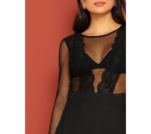 Lace Trim Mesh Top Without Bra and Skirt Set