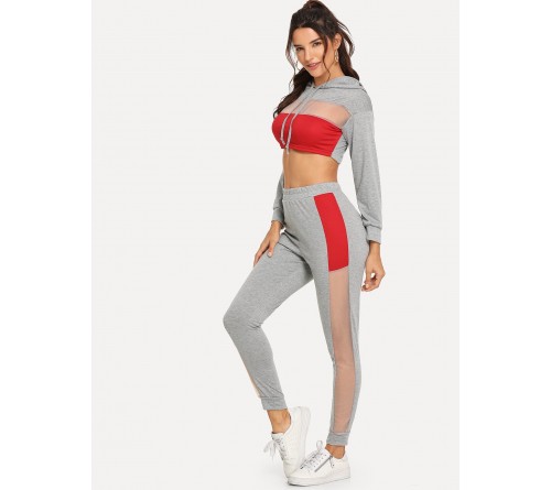 Mesh Panel Colorblock Drawstring Hoodie With Pants