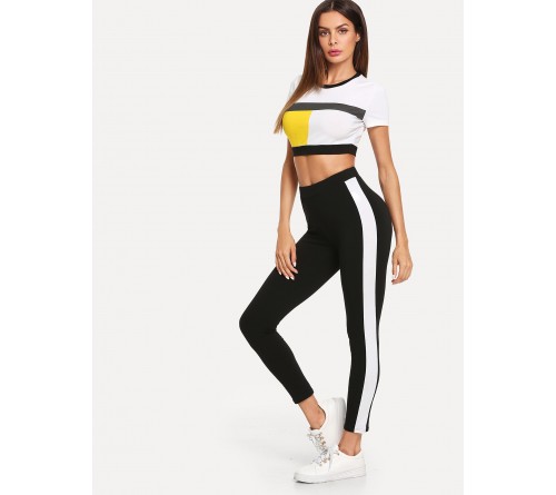 Color Block Crop Top Leggings Set