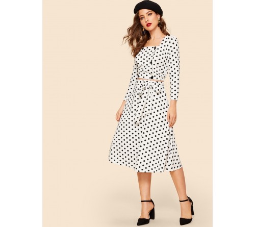 Square Neck Polka Dot Top Knot Skirt Set