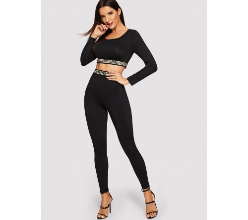 Square Neck Greek Fret  Crop Top Leggings Set